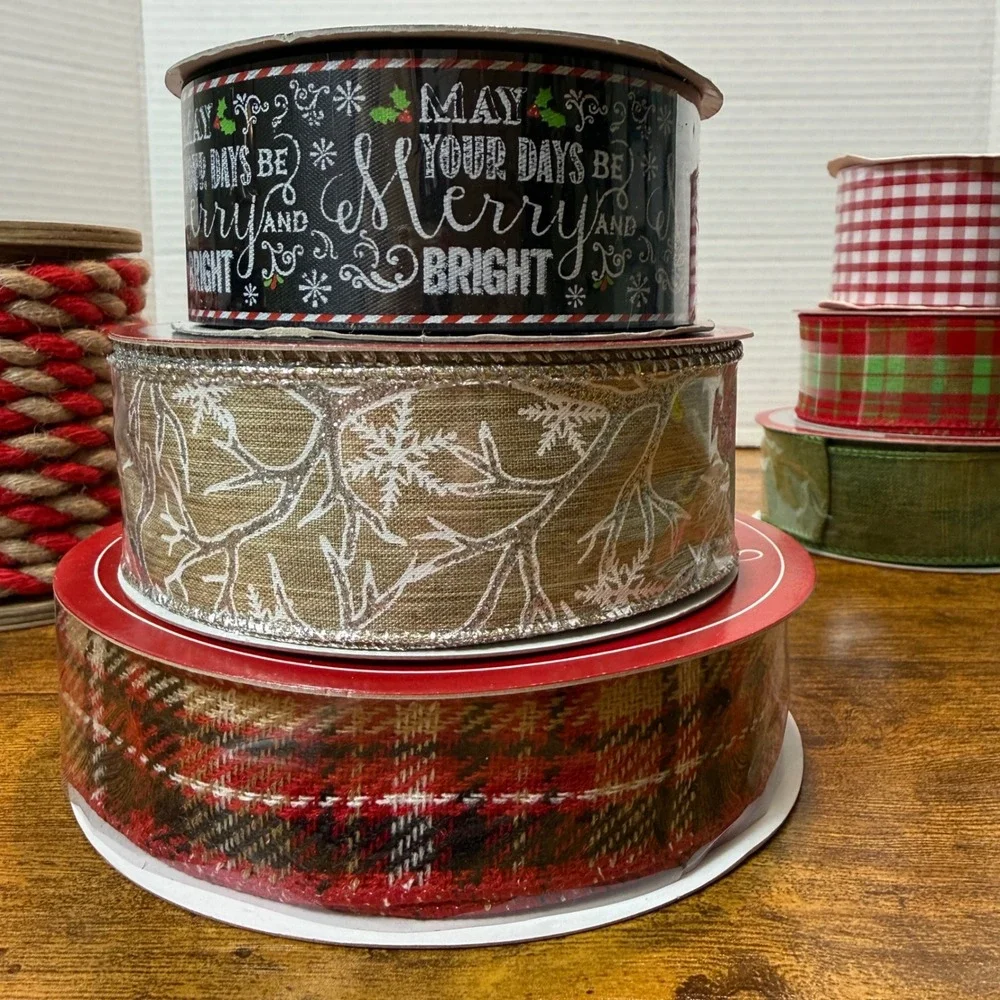 Christmas Ribbon 8 Spools‎ Twine Plaid Gingham Snowflakes Holiday Gift Wrap NEW